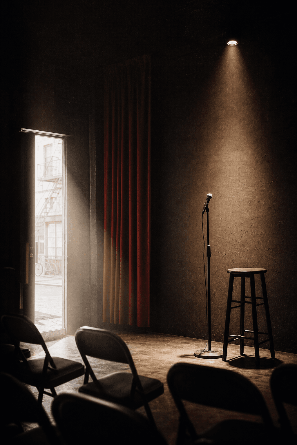 An intimate comedy club stage with an empty microphone and red curtain