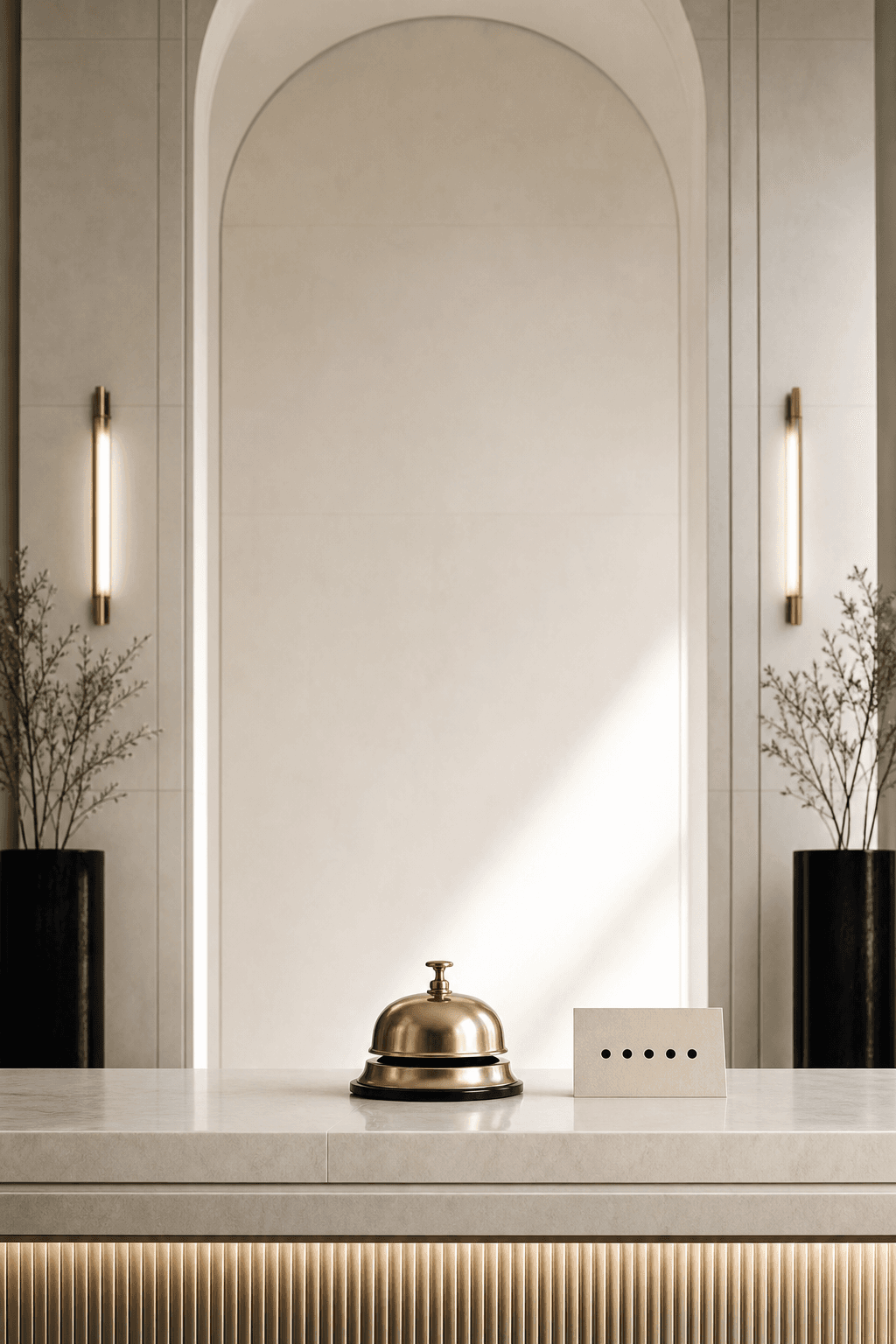 A minimal boutique hotel front desk with a service bell and five-dot rating card