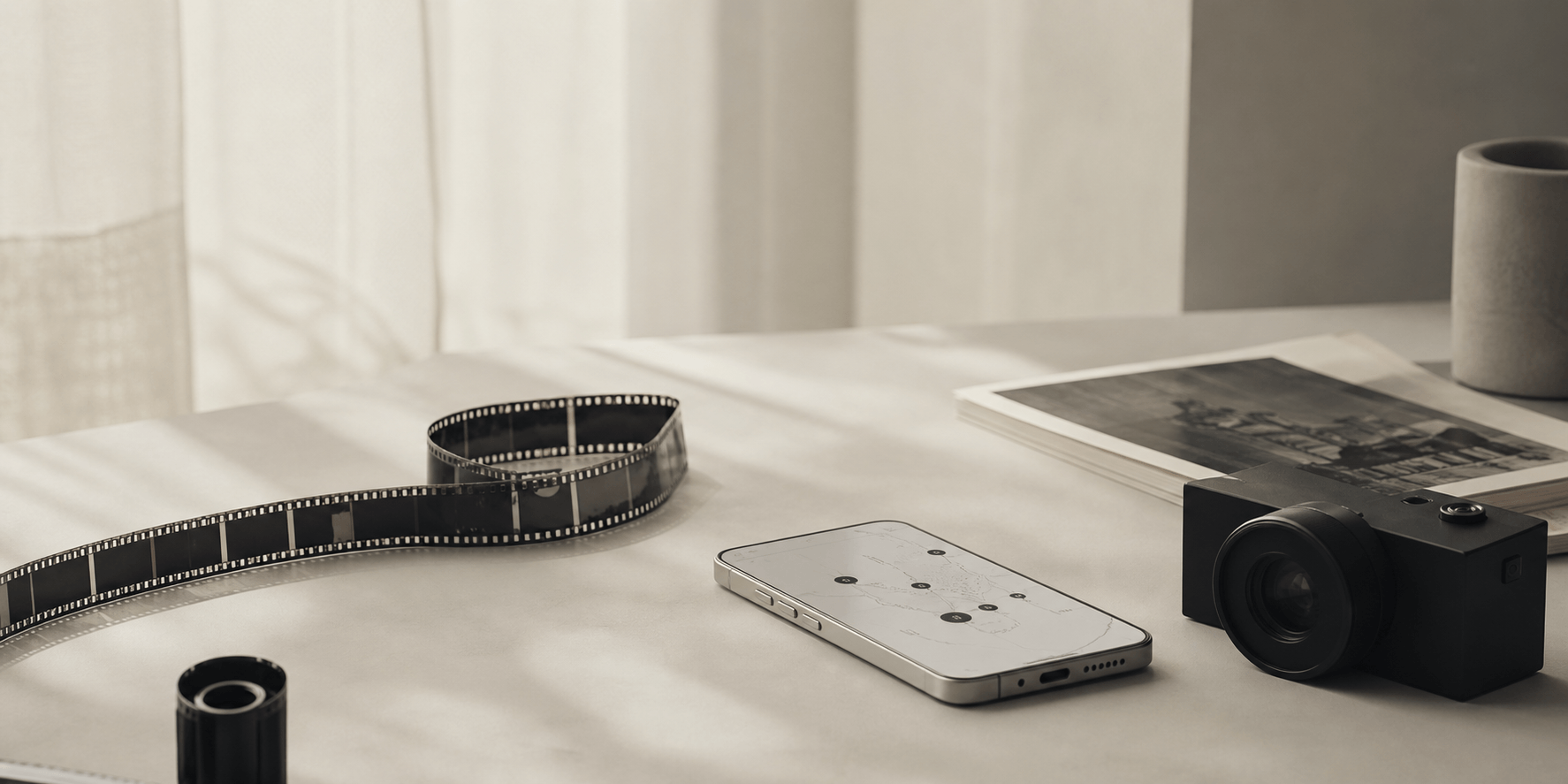 Mukovision cinematic studio still life with film, camera, and a mobile interface