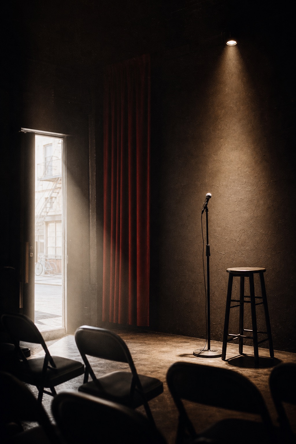 An intimate comedy club stage with an empty microphone and red curtain