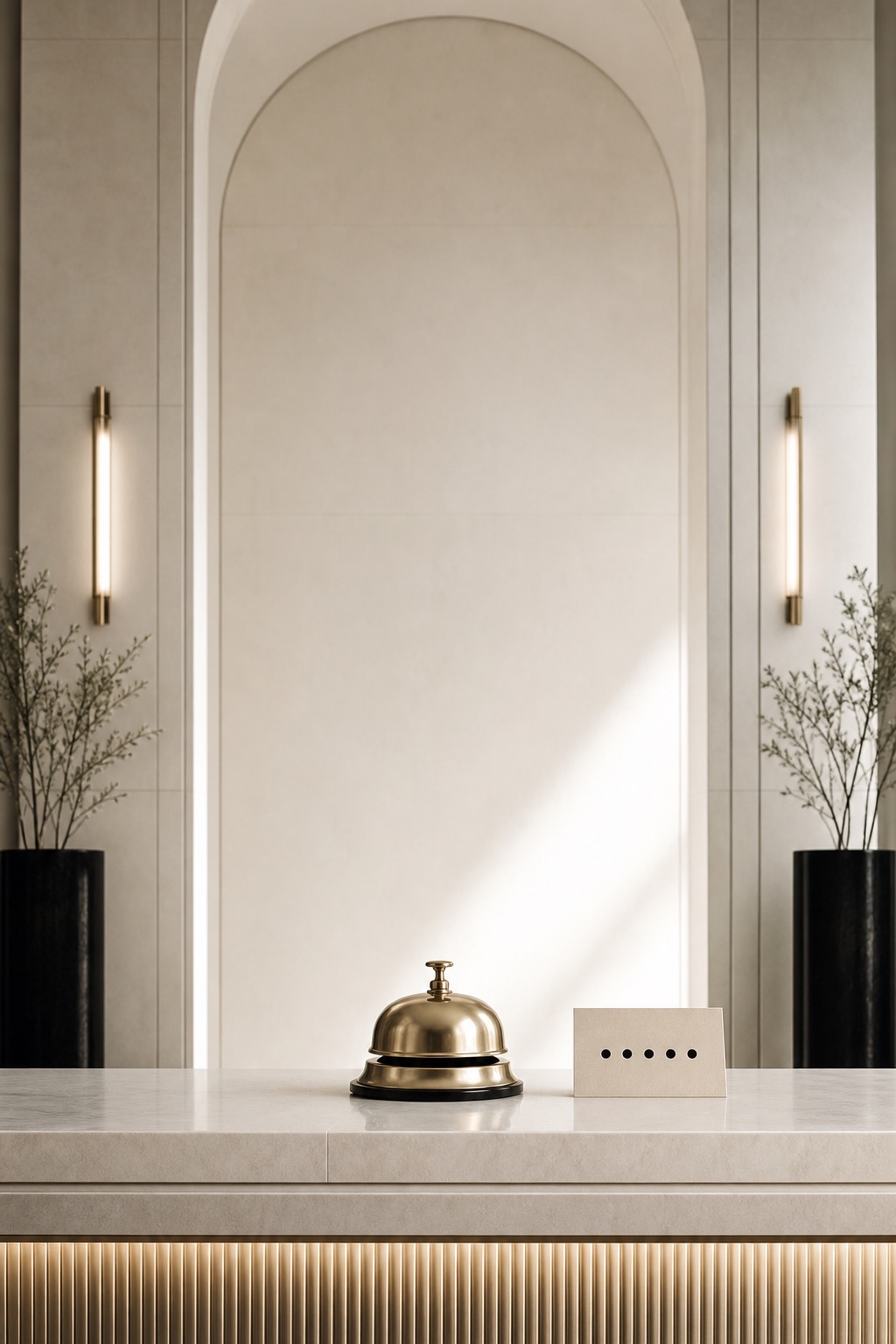 A minimal boutique hotel front desk with a service bell and five-dot rating card
