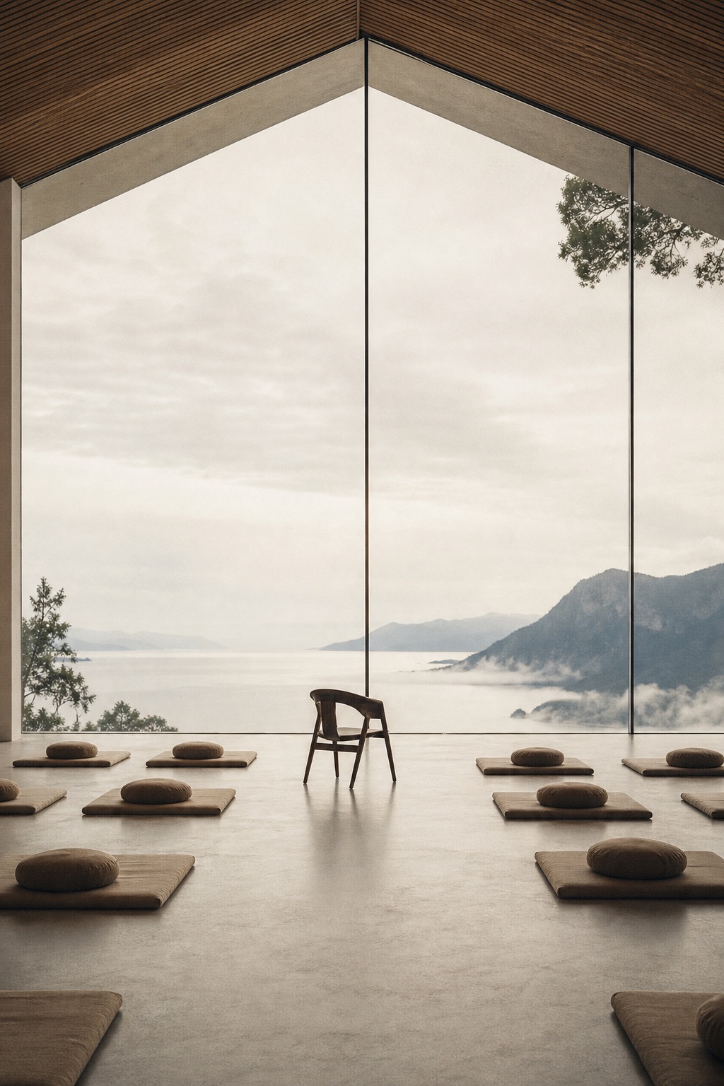A modern retreat hall with cushions, a chair, mountains, and sea-like horizon