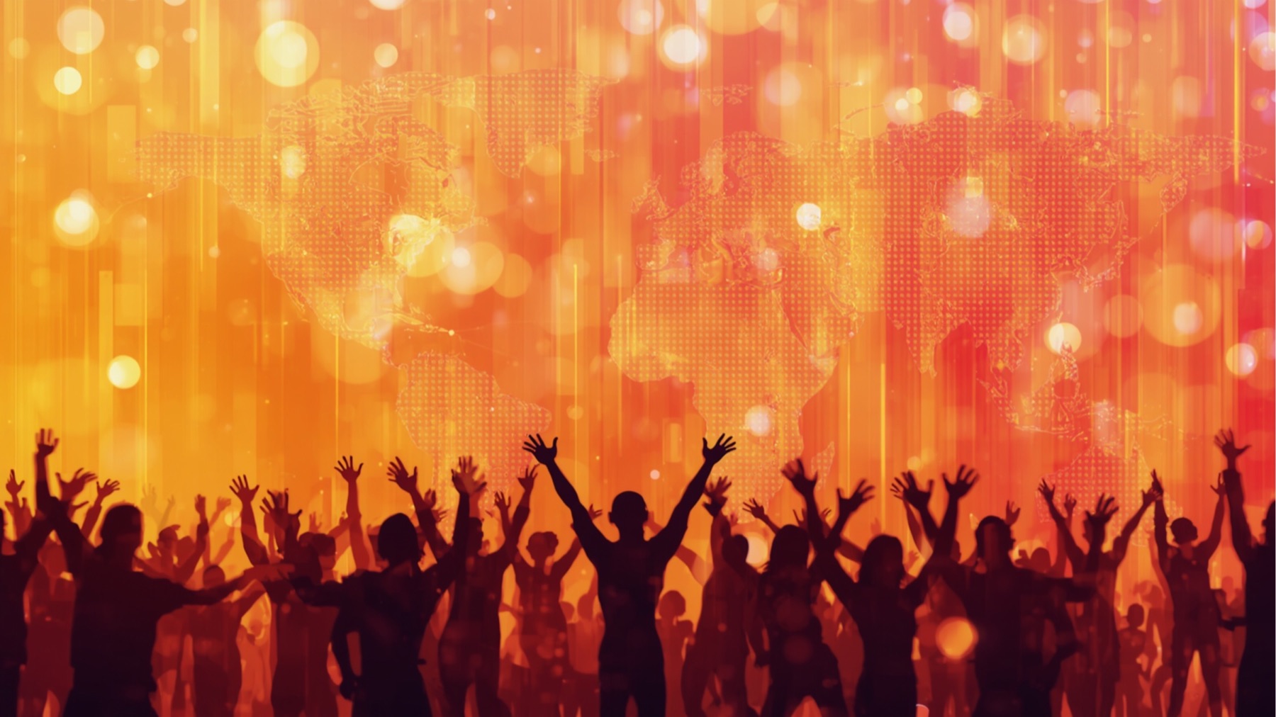 A warm live music crowd scene with a global map backdrop for We the Ravers